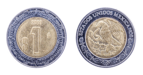2001. 1 Peso. Estados Unidos Mexicanos. Mexican Coin. Both sides isolated on white background.
