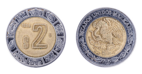 1998. 2 Peso. Estados Unidos Mexicanos. Mexican Coin. Both sides isolated on white background.