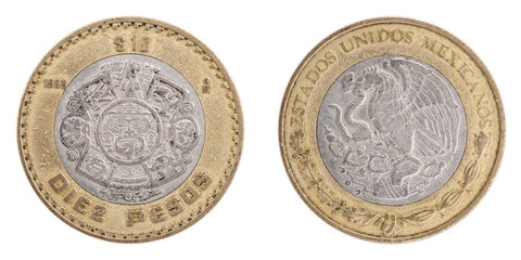 1998. 10 Peso. Estados Unidos Mexicanos. Mexican Coin. Both sides isolated on white background.