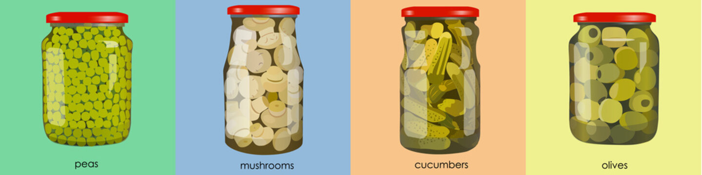 pickles set in jars. Banner of pickled realistic vegetables. Peas, mushrooms, olives, cucumbers. Colorful Vector illustration.