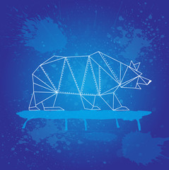 White bear from triangles outline strokes on blue background and watercolor splashes