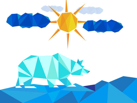 White ice bear on landscape with icebergs on winter with sun and cloudsWhite ice bear on landscape with icebergs on winter with sun and clouds