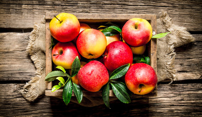 Fresh red apples in wooden box.