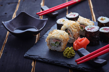 Japanese sushi rolls with salmon