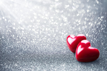 Two Hearth On Silver Glitter - Valentine Card
