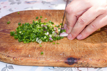 Cook chops onions for salad on a wooden board