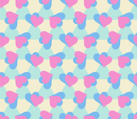 Seamless pattern with rotating pair of blue and pink hearts on a pastel color triangular background.