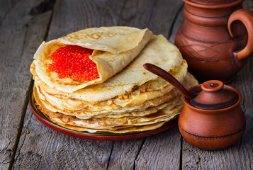 pancakes with red caviar