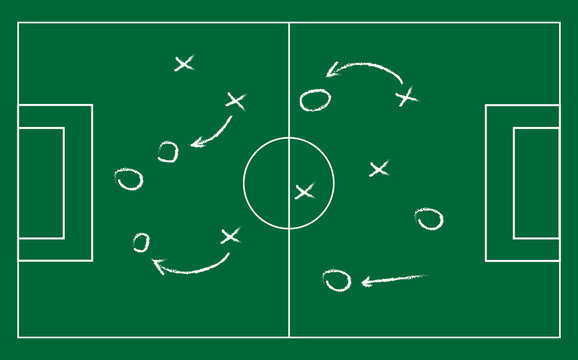 Realistic blackboard drawing a soccer or football game strategy. Vector illustration.