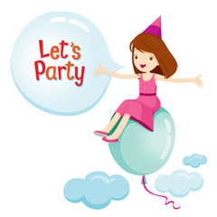 Girl Sitting On Balloon Flying On Sky, Party, Banquet, Feast, Celebration, Corporate Party 