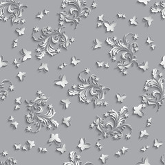 Seamless Pattern Background with paper flowers and butterflies.