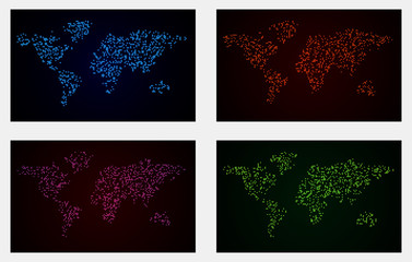 Set of 4 Glowing Dot World Maps Backgrounds.