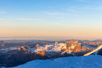 Panorama view of the Bernese Alps from Jungfraujoch at dusk