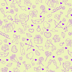 Fototapeta na wymiar Seamless pattern with contour simple hand-drawn icons on the theme of Valentine's day on a yellow substrate