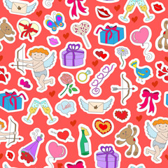 Seamless background with simple hand-drawn icons labels on the theme of Valentine's day on a red backing