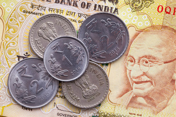 Different banknotes and coins  of Indian money