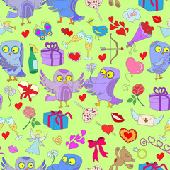 Seamless pattern with hand drawn owls and icons on the theme of Valentine's day on a green substrate