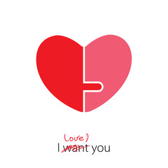 Decorative heart of the two parts with the words I love you isolated on white background. Greeting card for Valentine day.