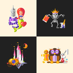 Fairy tales flat design magic cartoon characters compositions set