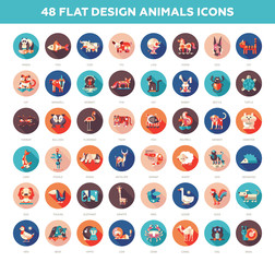 Flat design wild and domestic animals icons set