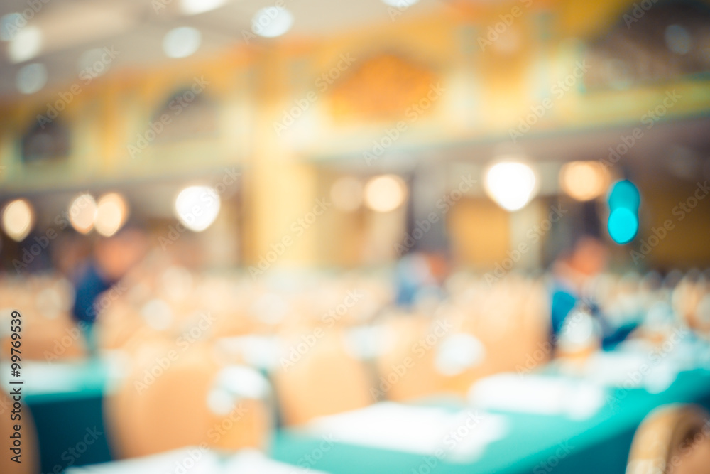 Poster blur background, seminar event room with bokeh light background,