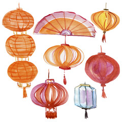 set of chinese red lanterns. Watercolor illustration. Watercolor Background Oriental Chinese New Year Element, Lights and Fan.