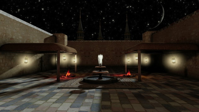 Old arabian scene for Ramadan Karim and Eid Mubarak, with fire, lanterns, mosque and a fountain
