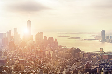 Aerial view of Manhattan skyline at sunset, New York City