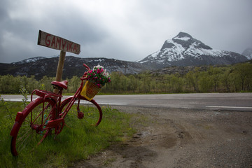 Lofoten Islands, Norway, bicycle and mountains