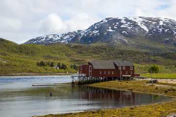 Lofoten Islands, Norway, fishing village and mountains