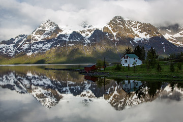 Lofoten Islands, Norway, fishing village and mountains