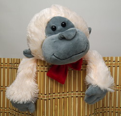 monkey soft toy peeking out from behind a bamboo screen