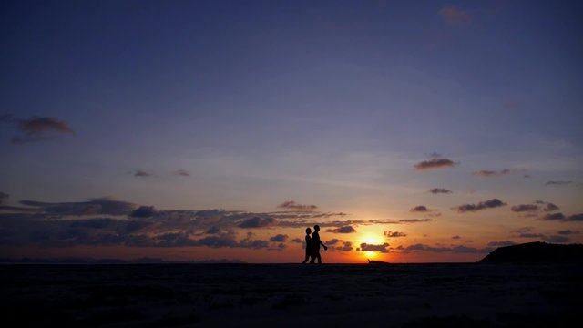 Couple Silhouettes Walking Dog at Sunset Beach. Slow Motion.