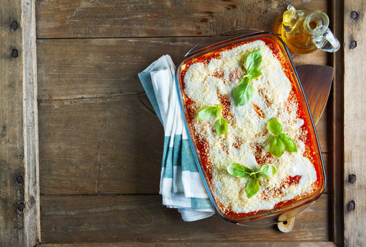 Close-up of a traditional lasagna made with minced beef bolognes