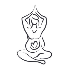 Pregnant women in yoga pose in line art style. Vector
