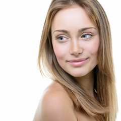 Obraz premium Beauty portrait of girl with beautiful healthy face and long blo