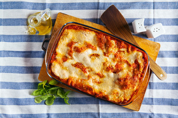 classic cooked lasagna on baking sheet