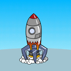 Cartoon rocket launch pop art style vector