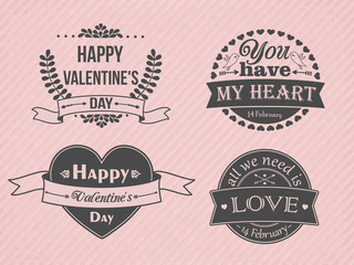 Happy Valentine's Day logo and labels set. Vector illustration with vintage elements. Logo design with hearts, ribbons, arrows, branches and birds.
