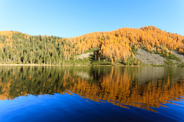 Reflections on water, autumn panorama from mountain lake