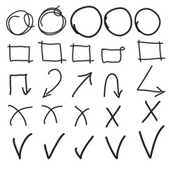 Vector highlighter elements, imitation of hand drawn circles, frames and arrows, square and rectangles borders, check, correction, cross, tick symbols.