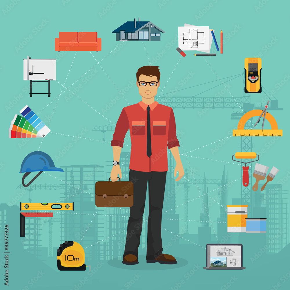 Poster architecture and construction flat concept with icons