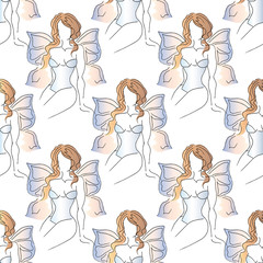 Hand-drawn illustrations. Beautiful girl with butterfly wings. Cute virgin girls. Seamless pattern.