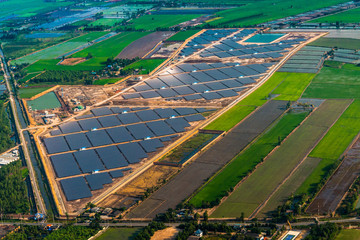Solar farm, solar panels photography from the air
