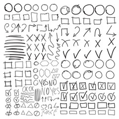 Set of school marks, circle, scribbles,  highlight frames elements, check, underlines, curves, zigzags arrows symbols, square and rectangles borders. Collage grades, triangles, yes, no, ok signs. 