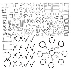 Vector highlighter elements, imitation of hand drawing, circles, frames and arrows, square and rectangles borders, check, correction, cross, tick symbols. Diagram or flowchart, mind mapping.
