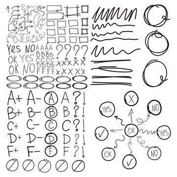 Set of school marks, circle, scribbles,  highlight square frames, check, underlines, zigzags arrows, rectangles borders. Collage grades. Diagram or flowchart, mind mapping. Imitation of hand drawing.