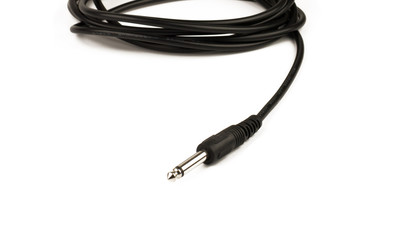 Guitar audio jack with black cable isolated on white background