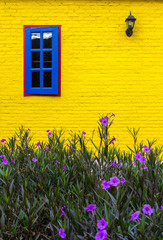 Yellow brick wall with blue window,italian style.