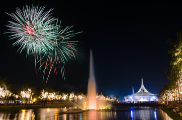 Fototapeta premium Colorful fireworks at Suan Luang Rama9 at night, Bangkok, Thaila